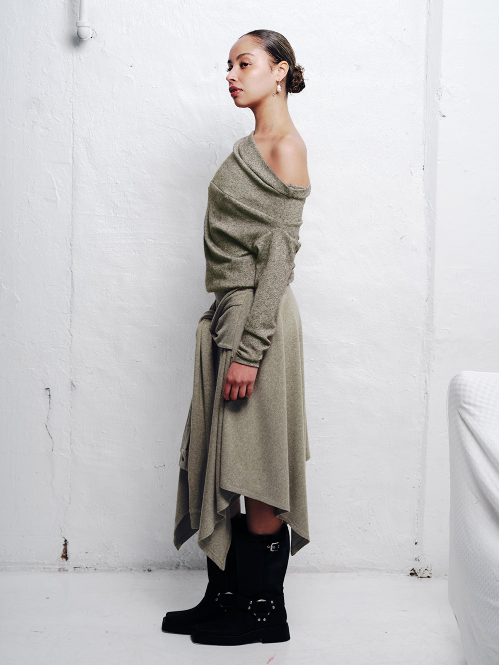 ASYMMETRICAL WOOL BLEND SWEATER IN SAGE